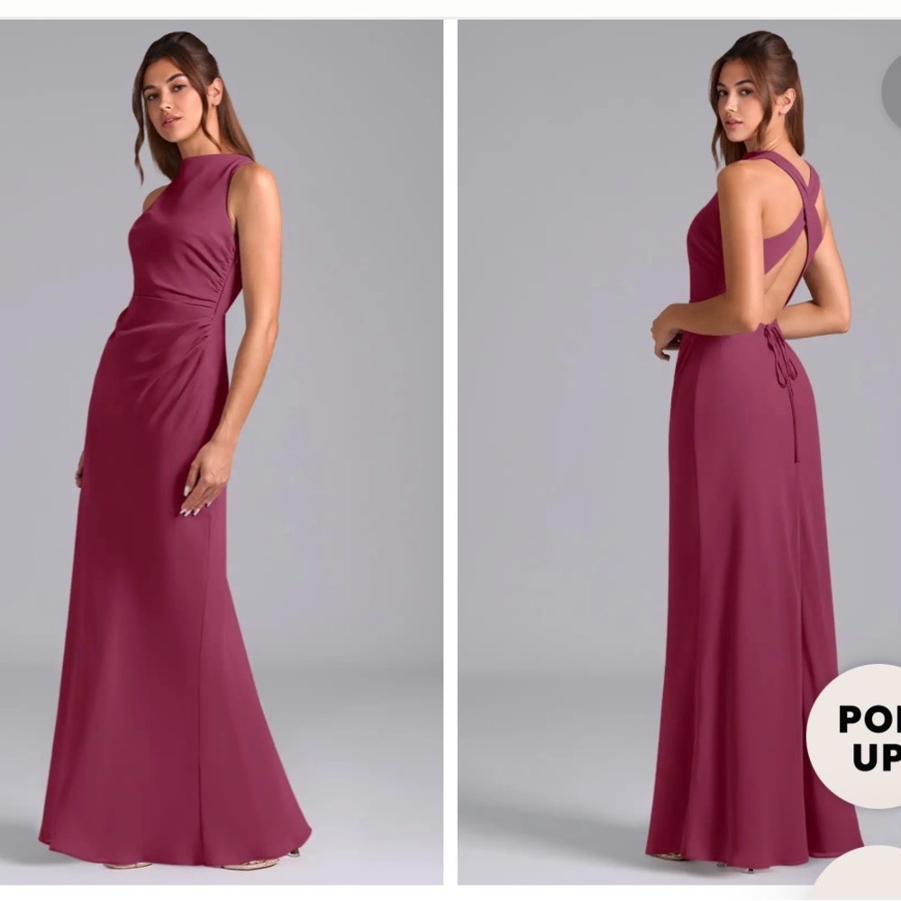 Azazie Cross-Back Maxi Dress in color, Mulberry. Chiffon fabric. Size A10.